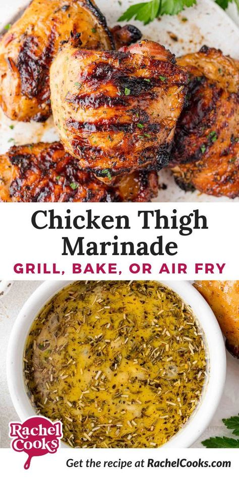 Chicken thighs never tasted so good! This easy chicken thigh marinade has a sweet-and-tangy base, plenty of garlic, and dried herbs to create the BEST marinade for chicken thighs. 3 Different ways: grilled, baked, or air fry! Easy Chicken Thigh Marinade, Chicken Thigh Grill Recipes, Marinade For Chicken Thighs, Best Marinade For Chicken, Grilled Chicken Side Dishes, Grilled Chicken Thighs Marinade, Grilled Chicken Sides, Baked Chicken Marinade, Honey Mustard Chicken Marinade