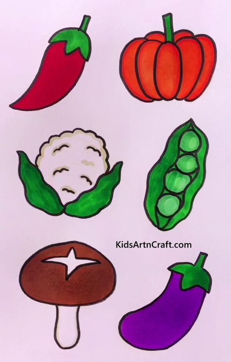 How To Draw Vegetables, Draw Vegetables, Drawing Vegetables, Vegetables Drawing, Vegetable Drawing, Beginners Art, Hand Art Kids, Easy Art For Kids