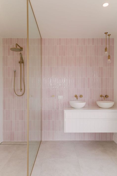 Tiles, wallpaper, paint, splashback, floor tiles, bathroom tiles, marble tiles, interior design, tiles levin, paint shop. Brick Wall Cladding, White Floating Vanity, Wall Cladding Ideas, Pink Brick Wall, Aesthetic Home Design, Pink Tile Bathroom, Pastel Bathroom, Pink Bathroom Tiles, Cladding Ideas