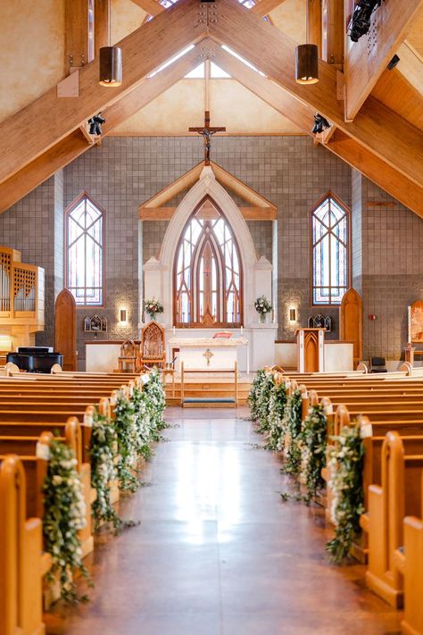 Church pew bench floral drape accent - greenery, white orlaya, white canterbury bells campanula Chapel Wedding Decorations Altars, Church Bench Decor Wedding, Chapel Pew Wedding Decorations, Pew Greenery Wedding, Church Alter Flower Decoration Wedding, Flowers On Pews Wedding, Wedding In Church Decorations, Wedding Aisle Decorations Pews, Wedding Altar Ideas Church