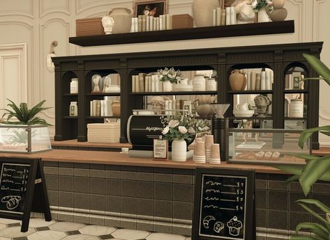 Cáfe De Rue, by bbygyal123 & lijoue ♡ | Patreon Sims 4 Restaurant Interior, Bloxburg Cafe Kitchen, Bloxburg Cafe Outside, Sims 4 Cafe Layout, Sims Cafe Layout, Cafe Inspo Bloxburg, Sims 4 House Decoration, Sims 4 Cc Cafe Furniture, Sims4 Cafe Cc