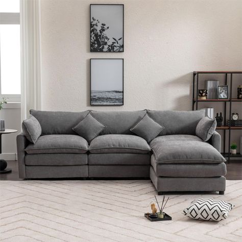 PRICES MAY VARY. ☆【Excellent Modular Design & Removable Ottoman】 This sectional sofa features a modular design, allowing you to customize the arrangement according to your living room or bedroom space. The 3-seater sofa couch comes with a removable ottoman that can be used as a footrest or an additional seat, adding to the sofa’s versatility and practicality ☆【Spacious and Comfortable】 With its generous dimensions of 101.18'' Wx64.57' Dx 31.5'' H, this 3-seater sofa offers plenty of room for you L Shape Sofa Living Room Layout, Small Living Room Sectional Ideas Layout, Small L Shaped Couch, Living Room Decor Grey Sofa, L Shape Sofa Living Room, Sofa Gris, Light Gray Couch, Sofa Cloud, L Shaped Sofa Designs