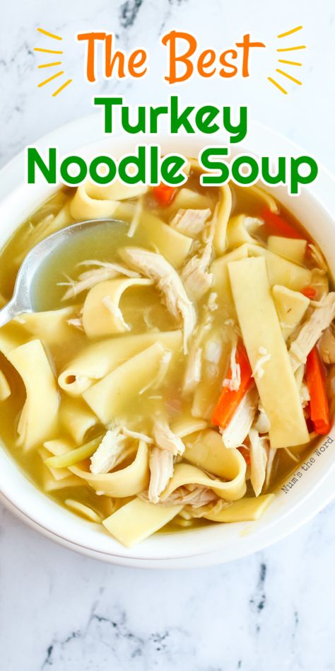 A bowl of turkey noodle soup.  Broth, noodles, chicken, carrots and lots of flavor! Turkey And Homemade Noodles, Turkey Soup With Egg Noodles, Homemade Turkey Noodle Soup Recipe, Turkey And Noodle Soup, Best Turkey Noodle Soup Recipe, Turkey Noodle Soup Homemade Crockpot, Turkey Soup In Crockpot, Turkey Pasta Soup Recipes, How To Make Turkey Soup