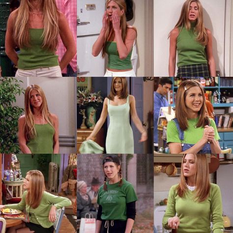 Rachel Summer Outfits, Rachel Friends Tattoo, Rachel Green Green Outfit, Rachel Style Friends, 90s Fashion Friends Rachel Green, Friends Outfits Inspiration Rachel, Rachel Green Outfits 2000s, Rechal Green Style, Outfits From Friends Rachel Green