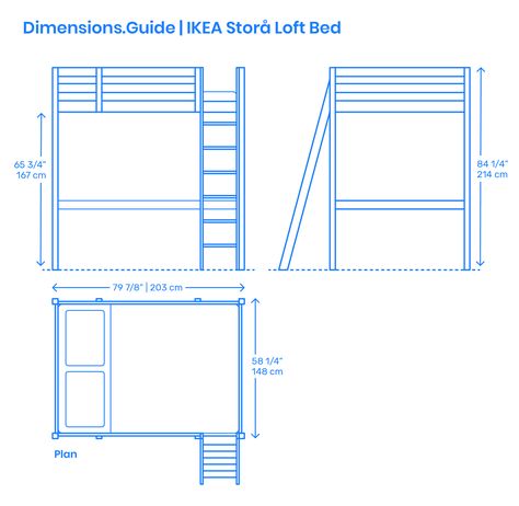 The IKEA Storå Loft Bed is a solid wood loft frame capable of holding a full/double mattress while providing an open space below. The IKEA Storå Loft Bed has a length of 79 7/8” | 203 cm, width of 58 1/4” | 148 cm, height of 84 1/4” | 214 cm, and provides a lower clear height of 65 3/4” | 167 cm. Downloads online #beds #furniture #ikea #home Loft Bed Dimensions, Ikea Stora Loft Bed, Double Loft Beds, Ikea Loft Bed, Loft Floor Plan, 2d Model, Fold Down Beds, Bed Measurements, Small Offices