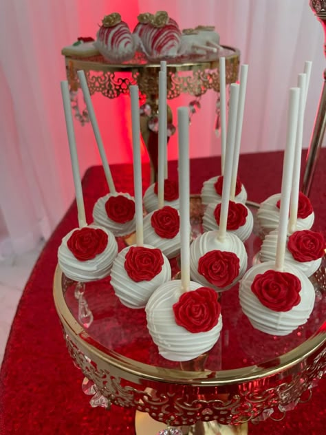 Sweet 16 Decorations Red And Gold, Red And White Cake Pops, Red Treats For Party, Red Quince Main Table, Quince Snack Table Ideas, Sweet 16 Decorations Red, Red Desserts Ideas, Red Dessert Table, Quince Dessert Table