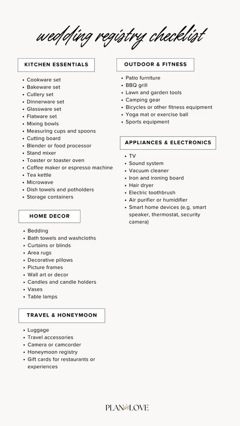 ultimate wedding registry checklist | gift registry | home essentials  | wedding planning | wedding journey | wedding | plan in love Newlywed Home Checklist, New House Registry List, Newlywed Tips, Home Registry Ideas, Newlywed Home, Wedding House Party, Things To Do Before Marriage, Gift Registry Ideas Wedding, Registry Ideas