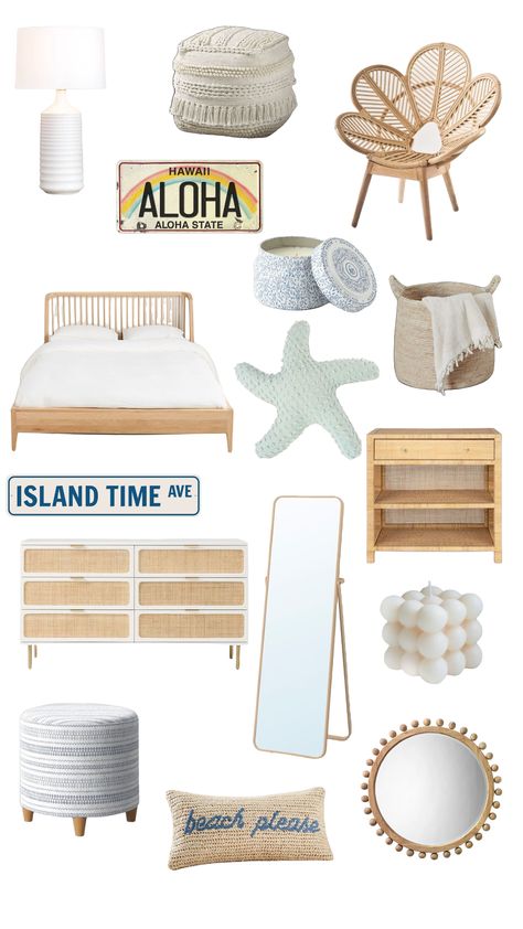 Beach Boho Bedroom Decor, Beach House Decor Aesthetic, Summer Bedroom Ideas Beach Themes, Beachy Clean Girl Room, Hawaii Dorm Room Ideas, Vintage Beach Bedroom Ideas, Cool Beach Room Ideas, White And Gold Coastal Bedroom, Tsitp Room Decor