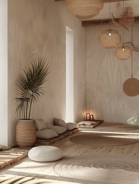 Living Room Yoga Space, Spa Inspired Living Room, Minimalist Yoga Studio, Luxury Yoga Studio, Yoga Lighting, Wellness Room Ideas, Home Yoga Studio Ideas, Tulum Decor Inspiration, Yoga Room Ideas Home