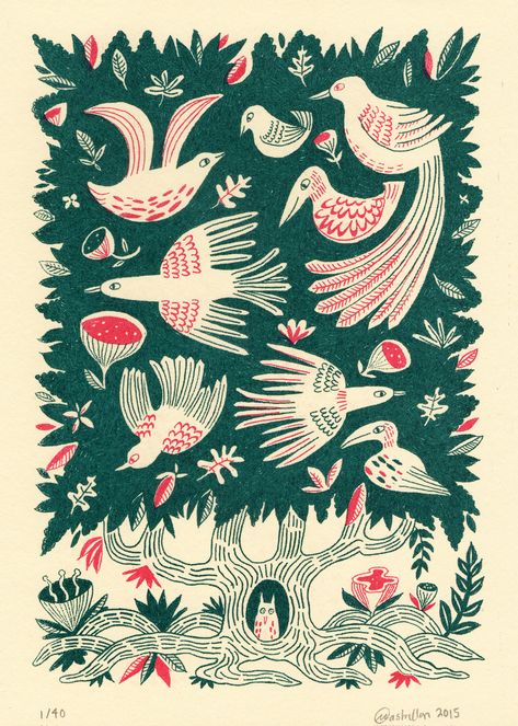 Melissa Castrillon, Bird Artists, Arte Folk, Riso Print, Brown Paper Bag, Giant Flowers, Bird Tree, Tree Illustration, Bird Cards