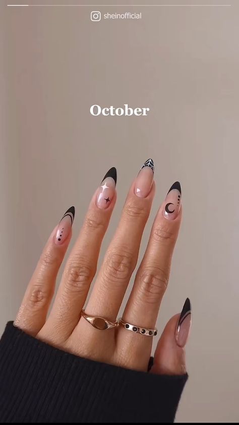 Almond French Tip Nails Halloween, Witch Nails French Tip, Black French Tip Spider Web Nails, Black Line Work Nails, Black Nails October, Black French Tips Halloween, Black French Tip With Spider Web, Halloween French Tips Nails, Neutral Spooky Nails