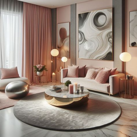 "Skandinavisk indretning i hyggelig villa med drømmende pink-grå-guld indretning, moderne hus; luksus stue med plys sølvtæppe." Pink And Gold Room Ideas, Gold And Pink Room, Gold Room Ideas, Living Room Ideas Pink, Grey And Gold Living Room, Pink And Gold Room, Gold Living Room Ideas, Room Ideas Pink, Luxury Interior Design Living Room