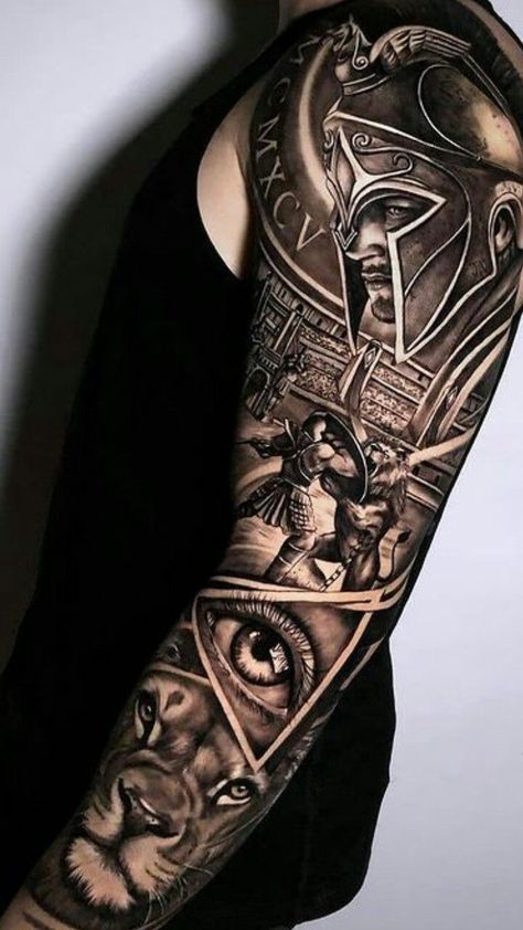 250+ Spartan Tattoos Designs and Ideas (2023) - TattoosBoyGirl The 300 Spartans Tattoo, Roman Warriors Tattoo, Full Arm Tattoos For Guys, 300 Tattoo Spartan, Roman Sleeve Tattoo, 300 Spartans Tattoo Ideas, Warrior Tattoos For Men, Spartan Tattoos, Mens Full Sleeve Tattoo