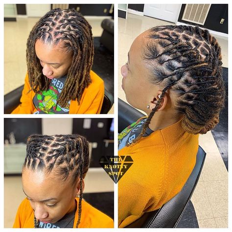 3,333 Likes, 14 Comments - Maquita James (@theknottyspot) on Instagram: “✨ALL APPOINTMENTS are booked online at www.styleseat.com/theknottyspot ✨ . . . . #dreads #locs…” Loc Styles Medium Updo Women Easy, Latest Dreadlocks Styles Black Women, Dread Updos For Black Women, Unique Loc Styles Short, Loc Styles Medium Updo Women, Cute Loc Styles, Lock Styles, Short Dreadlocks Styles, Dreads Styles For Women