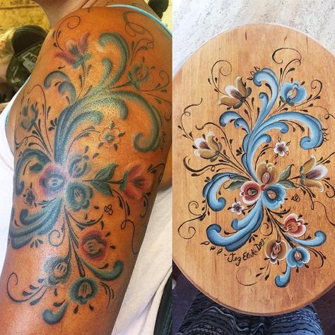 Rosemaling Tattoo Black And White, Rosemaling Tattoo, Norwegian Tattoo, Rosemaling Pattern, Norwegian Rosemaling, 3 Tattoo, Jewelry Tattoo, Jewelry Inspo, Black Tattoos