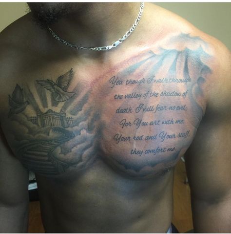 Psalms 23:4 chest tattoo w/rays Bible Verse On Chest Tattoo, Chest Verse Tattoo, Scripture Chest Tattoo, Psalms 23:4 Tattoos Chest, Chest Tattoo Men Ideas Bible Verse, Quote Chest Tattoos For Men, Word Chest Tattoo Men, Rare Tattoos Men Chest, Chest Pec Tattoo Men