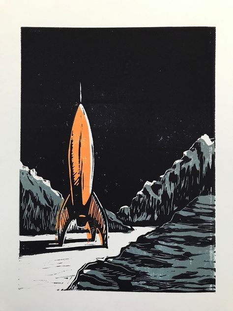 Hd Pc Wallpaper, Lino Cut Art, Pc Wallpaper 1920x1080 Full Hd, Pc Wallpaper 1920x1080, Relief Prints, Rocket Space, Art Printmaking, Space Explorer, Retro Comic Book