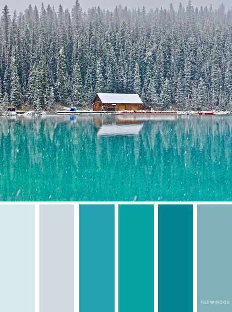 Emerald teal winter landscape color scheme ,color palette - Looking for color inspiration? At fab mood you will find 1000s of beautiful color palette, color palette inspired by nature,landscape ,food ,season Earth Houses, Mobile Ideas, Diy Remodeling, Teal Color Palette, Teal Bedroom, Winter Color Palette, Cosy Living, Colour Combos, Painted Walls