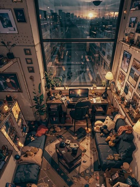 House Interior Art, Christmas Living Room Decorations, Lofi Art, Loft House Design, Living Room Decorations, Christmas Living Room, Living On The Road, Messy Room, Anime Room