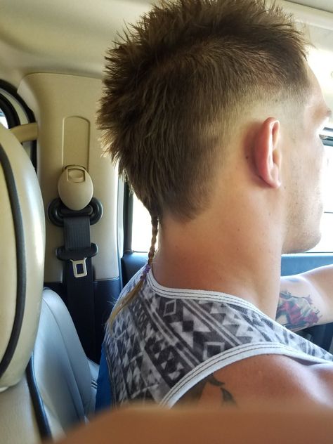 man with short hair and braided rattail Rat Tail Braid Men, Braided Rat Tail Men, Mohawk With Rat Tail, Braided Rat Tail, Mens Rat Tail Haircut, Rats Tail Haircut, Rattail Haircut, Rattail Hair, Ratty Hair