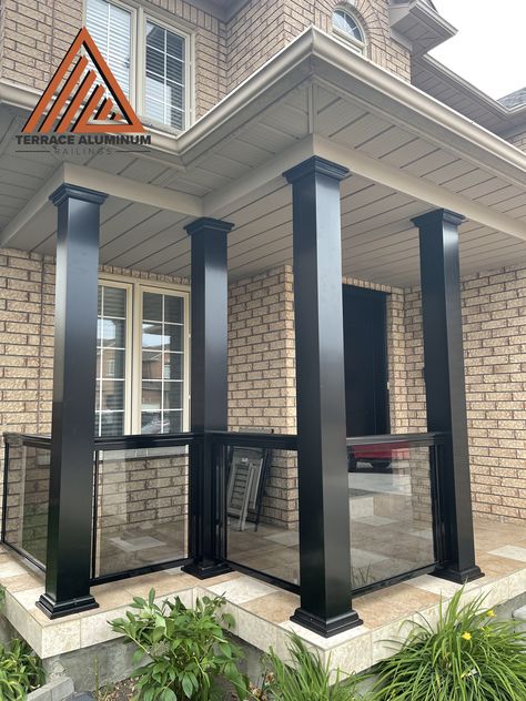 Porch Columns Makeover, Front Porch Pillars, Porch Beams, Front Porch Posts, Aluminum Railings, Porch Railing Designs, Modern Front Porches, House Front Wall Design, Front Porch Columns