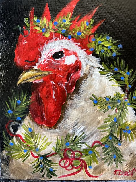 Christmas Rooster Painting, Rooster Painting, Bear Face, Christmas Tree Painting, Chicken Art, Christmas Paintings, Gourds, Winter Christmas, Spirit Animal