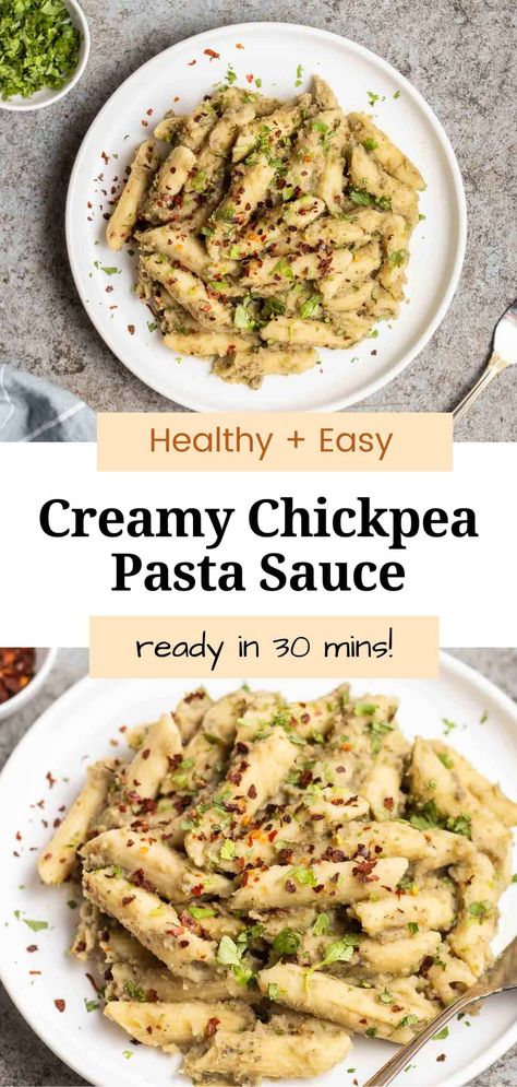 Pasta With Chickpea Cream Sauce, Pasta With Chick Pea Cream Sauce, Chickpea Sauce For Pasta, Chickpea Pasta Sauce, Chick Pea Pasta Recipe, Vegan Protein Pasta, Vegan Chickpea Pasta, Saucy Beans, Creamy Chickpea Pasta