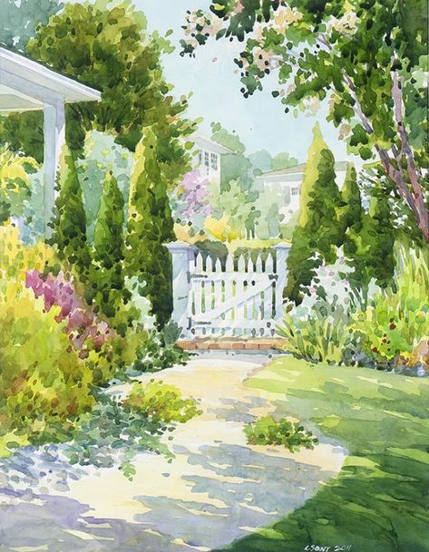 White Gate, Watercolor Scenery, Tree Watercolor Painting, Favorite Paintings, Watercolor Art Landscape, Watercolor Architecture, Garden Watercolor, Watercolour Inspiration, Watercolor Paintings Easy