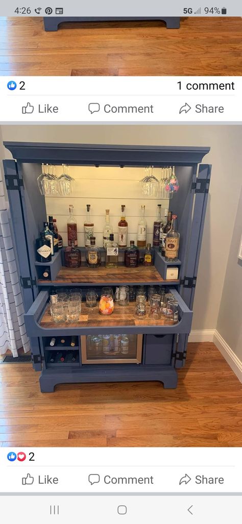 Wardrobe Bar Ideas, Entertainment Center Turned Into Bar, Homemade Bar Cabinet, Diy Bar From Tv Cabinet, Homemade Liquor Cabinet, Bar Redo Ideas, Diy Bourbon Cabinet, Bar In Closet Ideas, Diy Home Bar Cabinet