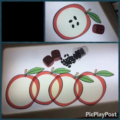 Student roll the dice and put that many "seeds" on the apple. Super fun light table activity! #apple #applemath #math #preschool #counting #lighttable #science #fall Light Table Apple Activities, Apple Sensory Table, Fall Light Table Ideas, Pumpkin Light Table Ideas, Apple Light Table Activities, Light Table Activities Preschool, Fall Light Table Activities Preschool, Apple Theme Sensory Activities, Light Table Activities