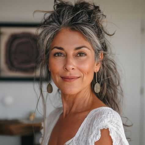 Face Framing With Ponytail, Earing Styling Ideas, What To Do With Gray Hair, Gray Hair Ponytail Hairstyles, Gray Grow Out, Grey Hair Inspiration Aging Gracefully, Makeup For Grey Hair, Haircut Women Over 50, Long Grey Hair Styles