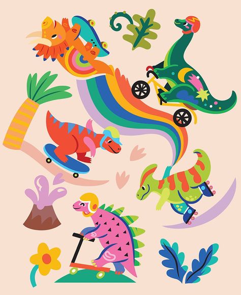 Vibrant skating dinosaurs in the park. Colourful cartoon dinosaurs ride on skates, rollers and bicycle in the park. Vector illustration. #dinosaurs #dino #skate #childish #digitalprinting #kids Dino Illustration, Kids Room Art Prints, Bicycle Illustration, Illustration For Kids, Dino Park, Dinosaur Illustration, Geometric Pattern Design, Flower Pattern Design, Dinosaur Pattern