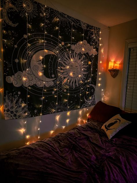 Witchy Dorm Room Ideas, Celestial Apartment Decor, Celestial Dorm Room, Celestial Themed Room, Bedroom Ideas Witchy, Moon Bedroom Aesthetic, Witchy Dorm Room, Whimsigoth Dorm, Moon Tapestry Bedroom