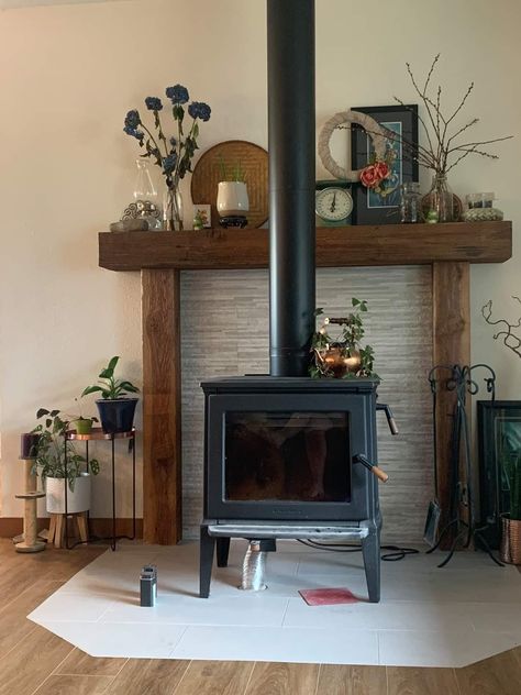 Standing Stove Fireplace, Pellet Stove Wall Ideas, Stove Wood Shelf, Brick Wall Wood Stove, Freestanding Wood Burning Stove, Mantel Behind Wood Stove, Mantle Over Pellet Stove, Wood Stove With Mantle Behind, Wood Stove And Tv Placement