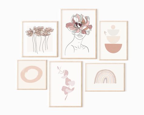 Excited to share the latest addition to my #etsy shop: Boho Gallery Wall, Earth Tone Wall Art, Fine Line Art Print, Blush Pink Wall Art, Burnt Orange Art, Eucalyptus Print, Boho Woman Art Print Pink Gray Bedroom, Grey Room Decor, Bedroom Decor Pictures, Pink And Grey Room, Collage Mural, Room Decor Aesthetic, College Essentials, Pink Art Print, Grey Room