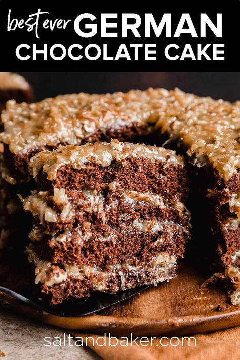 This Traditional German Chocolate Cake recipe is made with a rich and moist chocolate cake layered with a homemade coconut pecan frosting that is buttery, gooey, and bursting with amazing texture from the coconut and pecans. Chocolate Yummy Recipe, Best Ever German Chocolate Cake, German Chocolate Filling Recipe, Family German Chocolate Cake, Birthday German Chocolate Cake, German Chocolate Cake Recipe 9x13, German Chocolate Drip Cake, Southern Living German Chocolate Cake, Wegmans Chocolate Cake Recipe