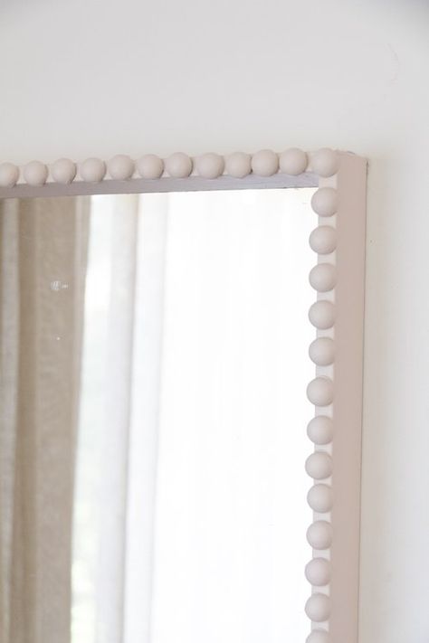 DIY Bobbin Mirror — Smor Home Diy Beaded Mirror, Diy Bobbin Mirror, Diy Bobbin Frame, Bobbin Mirror, Bubble Vases, Boho Mirror, Wooden Trim, Framing Ideas, Long Mirror