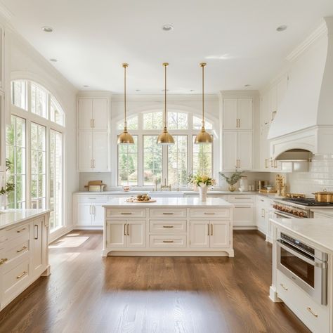 Welcome to a kitchen dreams are made of! 🌟 This white oasis with soaring ceilings and elegant arched windows epitomizes timeless sophistication. The abundance of natural light flooding in creates an airy atmosphere, while the white palette enhances the feeling of spaciousness. Who else is swooning over this picture-perfect space? ✨ #unionhomedesign #WhiteKitchen #HighCeilings #ArchedWindows #TimelessElegance #InteriorDesignInspo"#MainLineInteriors #MainLineDesign #PhiladelphiaDesigner #Mai... Good And White Kitchen, Classic White House Interior Design, Simple White House Interior, Cottage House Windows, Kitchen Island Facing Living Room, French House Kitchen, Bright And Airy Kitchen, Neutral Kitchen Remodel, Bright White Kitchen Ideas