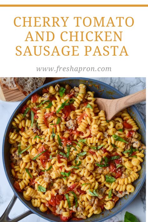 This Cherry Tomato and Chicken Sausage Pasta is a quick and easy dish that’s the perfect every day meal. It’s bursting with flavor from the cherry tomatoes and fresh basil – and just screams summer! Tomato Basil Chicken Sausage Recipes, Chicken Sausage Recipes, Chicken Sausage Pasta, Tomato Basil Chicken, Chicken Pasta Dishes, Tomato Pasta Recipe, Sausage Pasta Recipes, Italian Chicken Sausage, Cherry Tomato Pasta