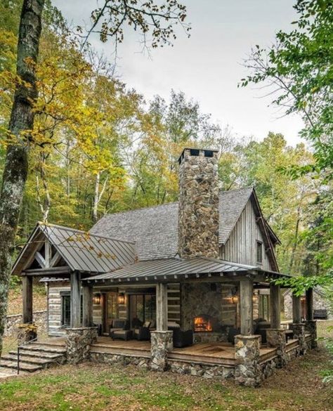 Interesting combination of roofs we might find ourselves with - shed extension over the walkway from front to lakeside, nice pitch over primary structure, perpendicular gable the might go over the deck Stone Cabin, Cabin Vibes, Log Houses, Rustic Cabins, Cabin Rustic, Cabin Inspiration, Small Log Cabin, Brown County, Beach Cabin