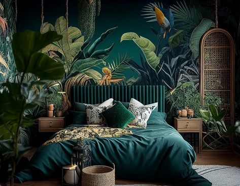 Emerald Green Earthy Bedroom, Bedroom Green Decor Ideas, Green Bed Curtains, Blue Green Black Bedroom, Bedroom Jungle Wallpaper, Forest Green Bedroom Color Palette, Dark Green Bedroom With Plants, All Green Room Aesthetic, Teal Orange And Gold Bedroom