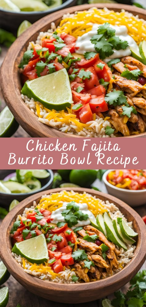 Chicken Fajita Burrito Bowl Recipe | Cheff Recipes Healthy Burrito Bowl Recipes, Chicken Fajita Bowl Recipe, Fajita Bowls Healthy, Healthy Fajita Bowl, Fajita Bowl Meal Prep, Burittos Bowl Recipes, Fiesta Bowl Recipe, Fajita Recipe Chicken, Fajitas Bowls