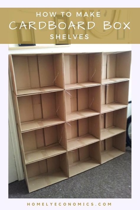 Here's how I made myself some cardboard box shelves. Cardboard box shelving is not only easy to make, but it's very customisable... and cheap! Cardboard Hacks, Cardboard Wardrobe, Cardboard Box Storage, Cardboard Box Diy, Cardboard Organizer, Cardboard Storage, Box Shelf, Cardboard Box Crafts, Diy Storage Boxes