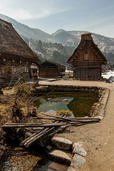 Shirakawa-go, Japan. Located in a mountainous region that was cut off from the rest of the world for a long period of time, these villages with their Gassho-style houses subsisted on the cultivation of mulberry trees and the rearing of silkworms. The large houses with their steeply pitched thatched roofs are the only examples of their kind in Japan. Shirakawa Go, All About Japan, Medieval Village, Asian Architecture, Lego Architecture, House Architecture, Japanese Architecture, Japanese House, Historical Sites