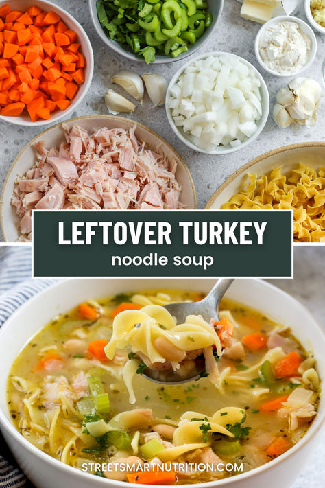 Save your leftover turkey for this easy turkey noodle soup recipe. It's the perfect way to use leftovers. Get the recipe at streetsmartnutrition.com Dinners To Make With Leftover Turkey, Turkey Potpie Soup, Turkey Carcass Noodle Soup, Things To Make With Turkey Leftovers, Leftover Turkey Recipes Easy Thanksgiving Leftovers Soup, Homemade Turkey Soup Recipes Thanksgiving Leftovers, Shredded Turkey Soup, Leftover Turkey Instant Pot Recipes, Easy Leftover Turkey Soup