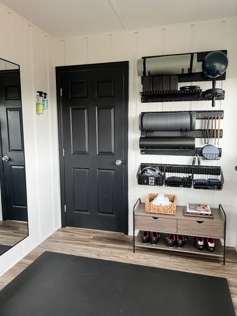 Gym Shelf Ideas, Work Out Area In Garage, Gym Corner In Garage, Garage Gym Conversion, Ikea Gym Storage, Garage Gym Wall Ideas, Garage Gym Storage, Garage Gym Organization Ideas, Garage Gym Inspiration