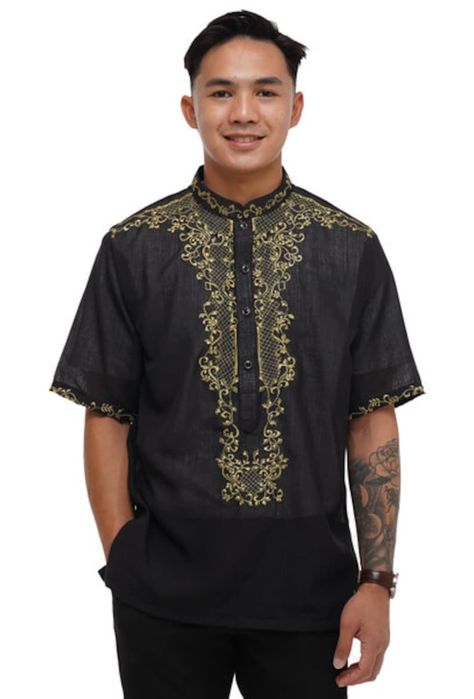 Buy Culture & Style Barong Jusi Black Short Sleeved Barong Tagalog Edward JV111 Online in India - Etsy Black Barong Tagalog, Character Aesthetic Inspiration, Black Barong, Filipino Traditional Clothing, Modern Barong, Filipino Clothing, Barong Tagalog, Filipiniana Dress, Navy Blue Shorts