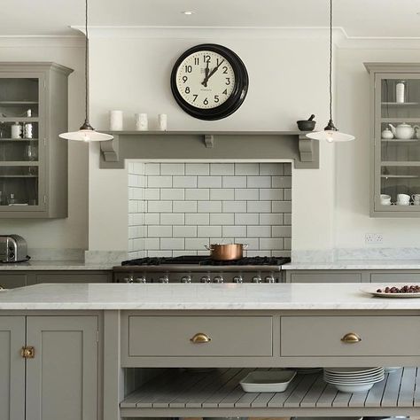 One of @devolkitchens beautiful kitchen designs finished with our @newgateclocks large Electric wall clock.  #newgateclocks Kitchen Table Lighting, Kitchen Chimney, Devol Kitchens, Kitchen Chandelier, English Kitchens, Gray Cabinets, Chimney Breast, Modern Kitchen Interiors, Scandinavian Kitchen