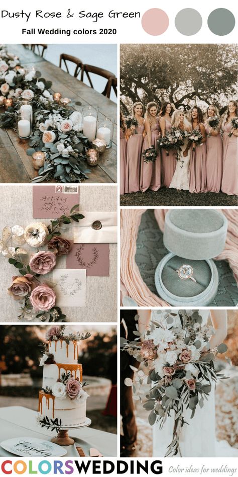 Dusty Rose & Sage Green Wedding: dusty rose bridesmaid dresses, wedding invitation set, rings, table decor and wedding cake. #dustyroseweddings #weddings #weddingideas #bridesmaiddresses #fallwedding #colorswedding #2020 Green Fall Weddings, Sage Green Wedding Colors, Fall Wedding Color Schemes, Wedding Color Pallet, Wedding Color Combos, Dusty Rose Bridesmaid Dresses, Sage Green Bridesmaid Dress, Rose Bridesmaid Dresses, Green Wedding Colors