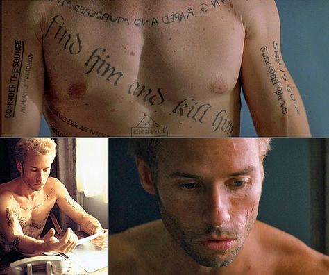 Memento montage Memento Movie Tattoos, Memento Tattoo Movie, Memento Film, Leonard Shelby, Memento Movie, Memento Tattoo, Top 100 Films, Movie Tattoo, Movie Tattoos